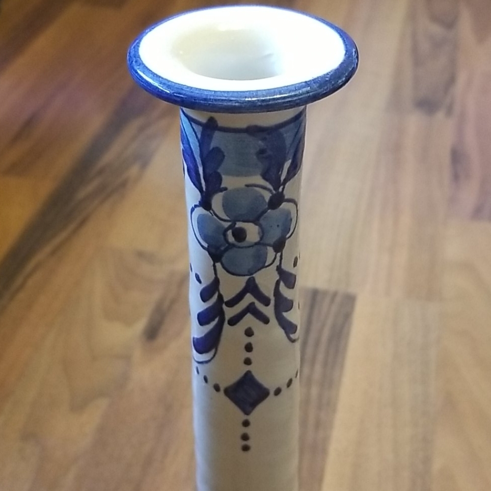 Vintage Tall Italian Pottery Blue & Cream Floral Chamberstick Candle Holder - Picture 3 of 11